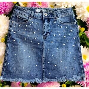 Hydraulic Soho High Rise Skirt Sz 4 Pearls Blue Wash Frayed Preppy Denim